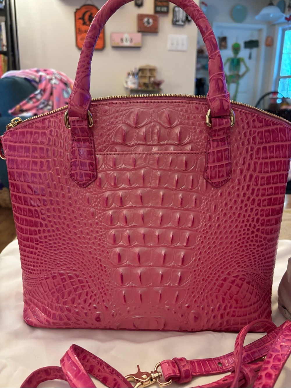 Brahmin hibiscus /Pink Croc-Embossed Satchel with Removable Strap - Picture 3 of 6